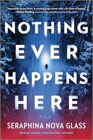 'Nothing Ever Happens Here' book cover with an image of a snowy trail