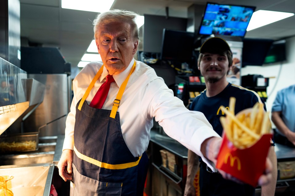 Donald Trump in a McDonald's apron holding out a McDonald's french fry container.