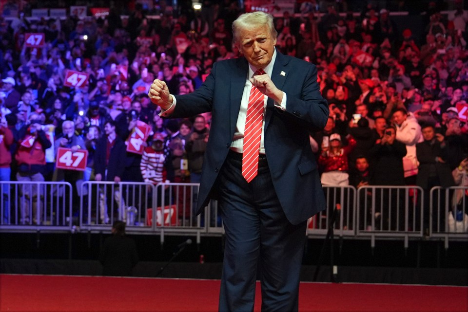 Donald Trump on stage, making a fist pump gesture.