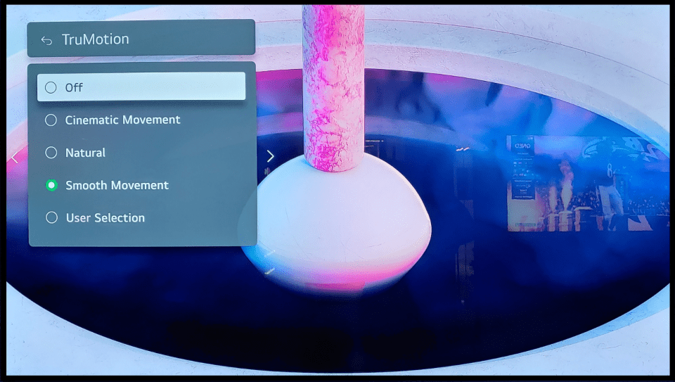 TruMotion settings with Smooth Movement selected.