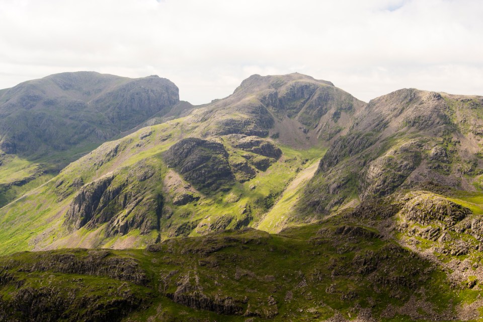 View of Scafell and Scafell Pike from Bow Fell in the Lake District.