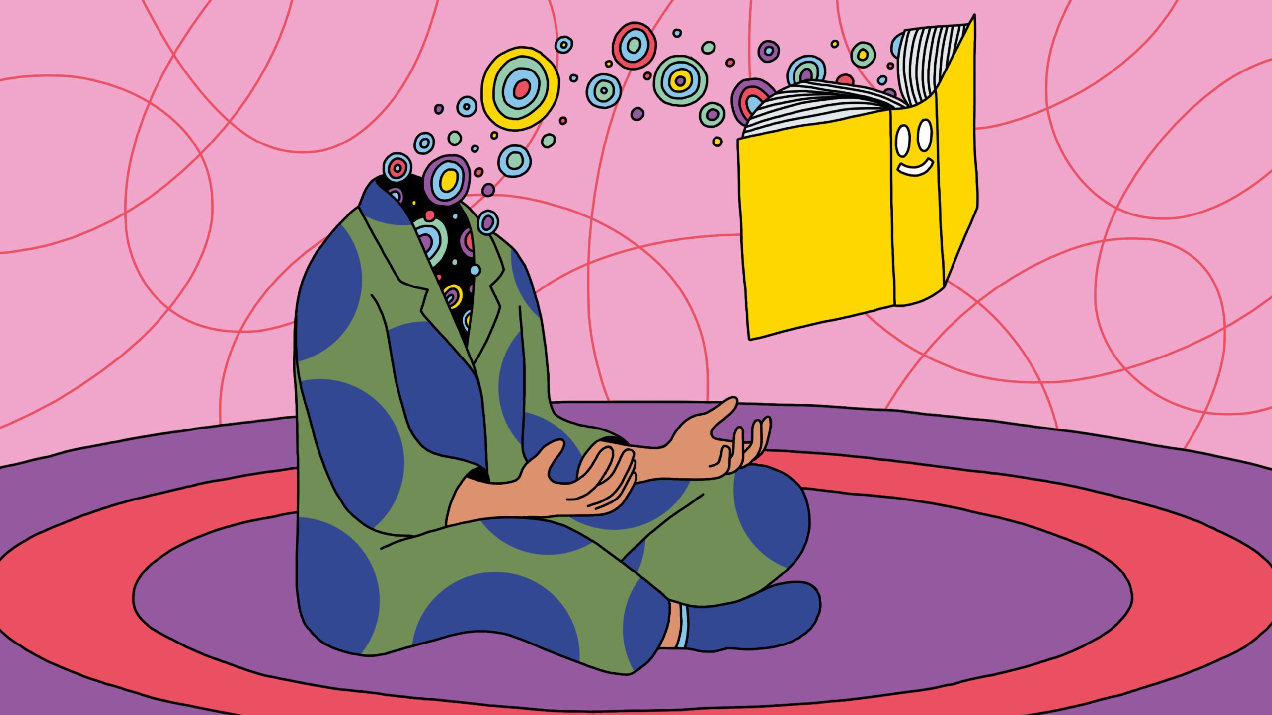 An illustration of a head-less person meditating in front of a floating book