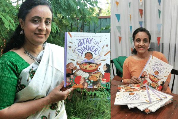 sandhya wearing sari and holding book stay for dinner