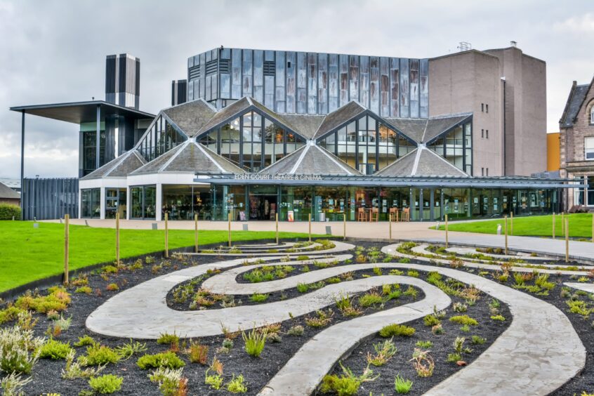 Eden Court Theatre and Cinema in Inverness with interesting building and garden with pathways