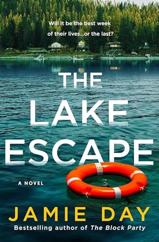 'The Lake Escape' book cover with a survival raft floating on a woodsy lake