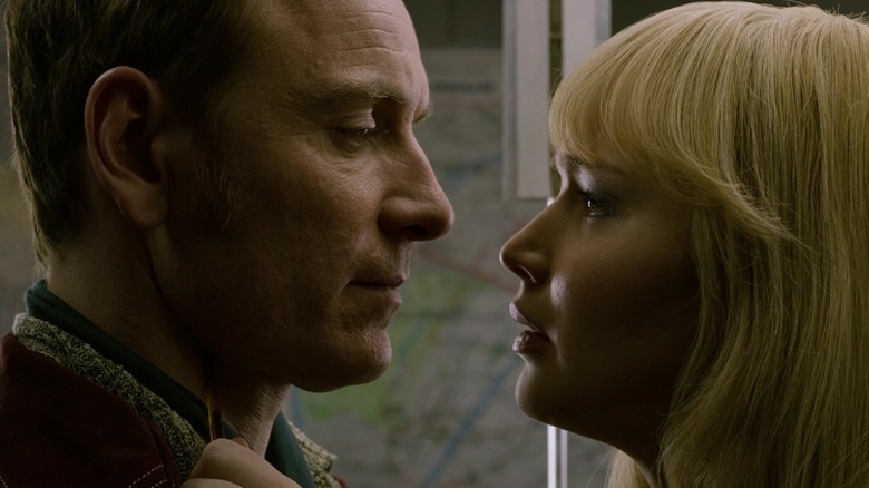 Michael Fassbender as Magneto tries to find common ground with Jennifer Lawrence as Mystique in 