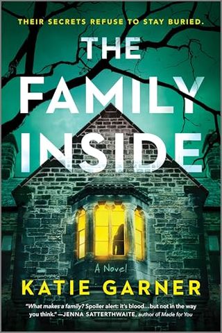 'The Family Inside' book cover featuring a green sky and the top window of a brick house with yellow lighting and a person inside looking out 