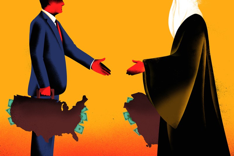 An illustration shows two men against a bright yellow background. One man wears a Western-style business suit and the other wears a black robe and white head covering. The men are shaking hands. Each holds a briefcase with money spilling out, the left man's briefcase shaped like the United States' and the right man's like the Arabian Peninsula.