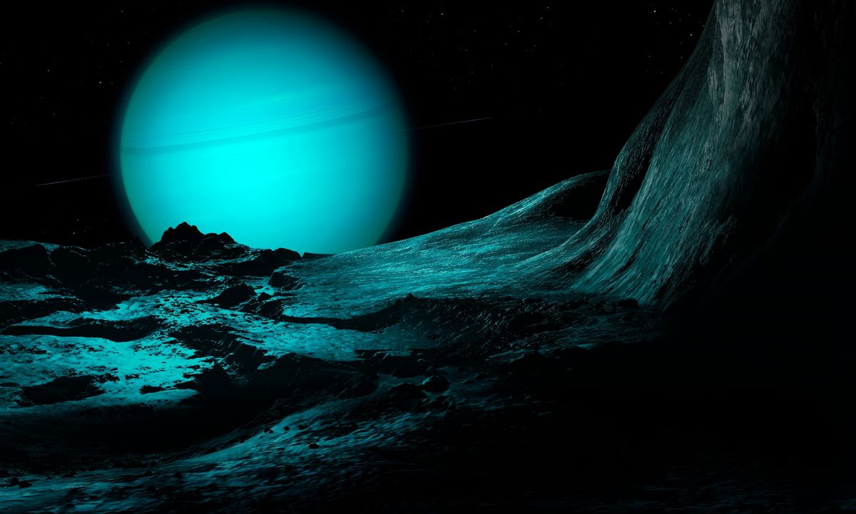 Uranus, seen from the surface of its innermost substantial moon, the fractured Miranda