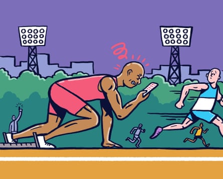 Illustration showing man on sprinting blocks looking at his phone while another runner looks on