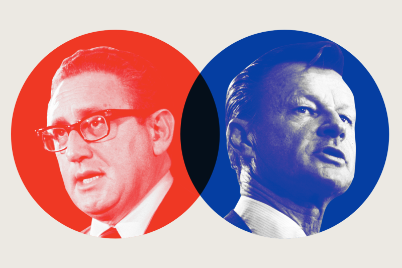 Photos of two men speaking each shown as a negative color inside a red and blue circle.