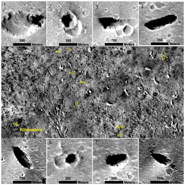 Geological context of skylight candidates in Hebrus Valles. Skylight candidates (yellow stars) are mapped in relation to pit lines, outflow channels, and sinkholes, revealing their spatial association with fluvial systems. Mapping builds on earlier interpretations (J. A. P. Rodriguez et al. 2012) and was refined in later analyses (D. Sulcanese et al. 2018; R. Sharma et al. 2019). THEMIS daytime infrared image data (P. R. Christensen et al. 2004) has been used for regional mapping.