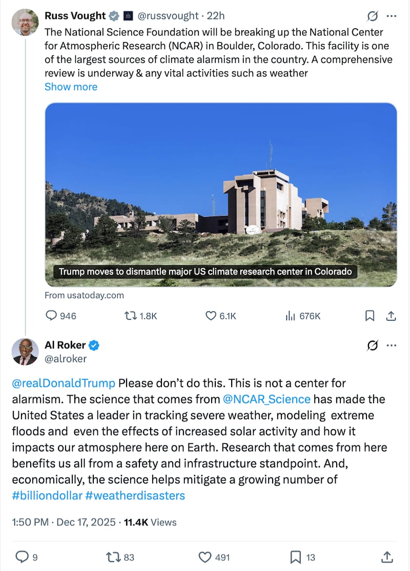 Roker strongly rejected Vought's view of the Colorado climate research facility.