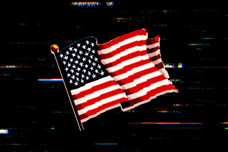 An illustration shows a pixelated U.S. flag on a glitchy background.