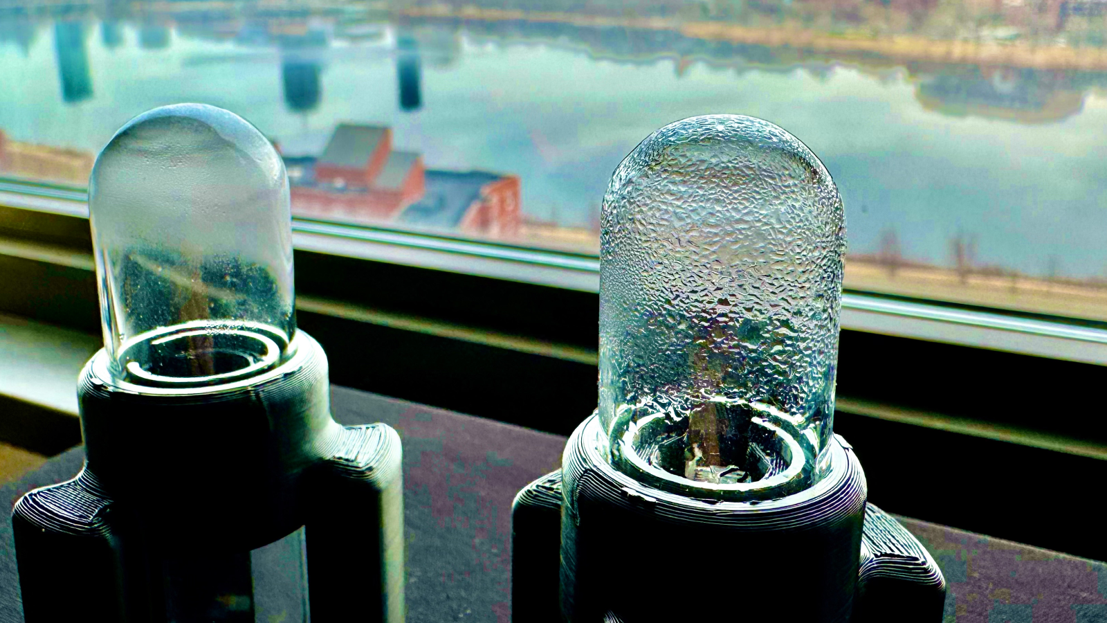 Two prototypes of the ultrasonic system used to &ldquo;shake&rdquo; water out of an atmospheric water harvester.