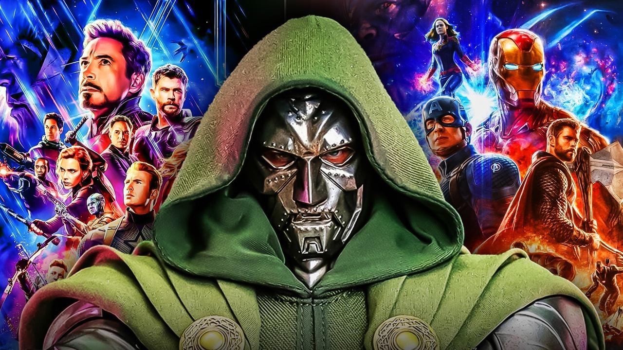 The Avengers behind Doctor Doom with his hood up
