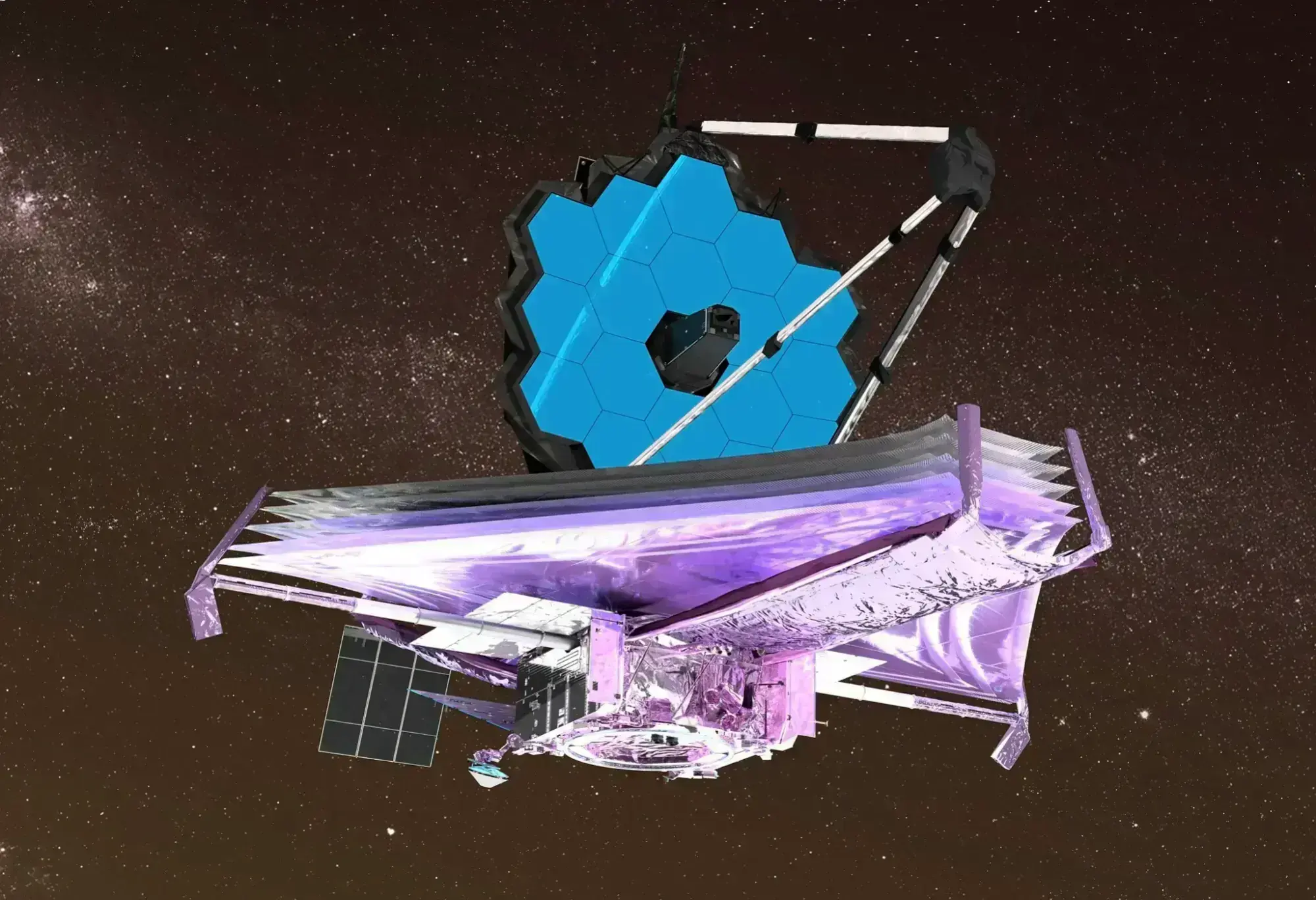 An artist's rendering of the James Webb Space Telescope against a starry background