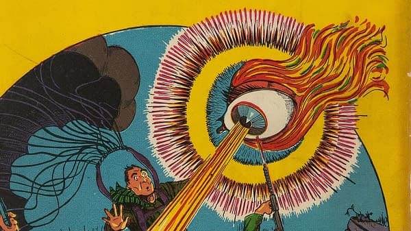 A colorful cartoon illustration featuring a large eye emitting beams of light, surrounded by vibrant flames and colorful circular patterns. In the foreground, two startled characters react to the spectacle, one pointing and the other looking surprised.