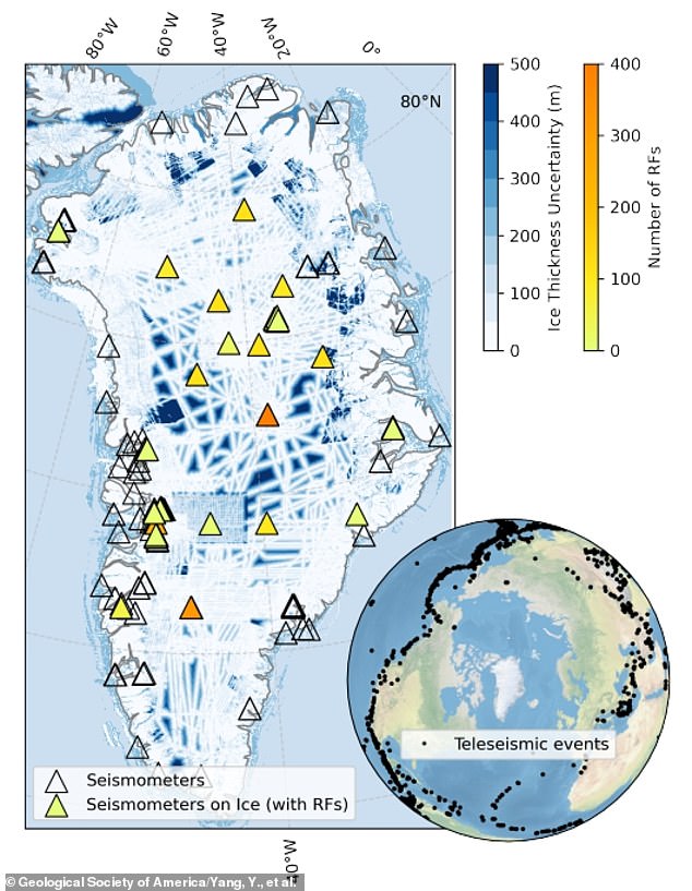 Researchers used 373 seismic monitors to locate a thick layer of dirt and sand under Greenland that appears to be speeding up ice melting
