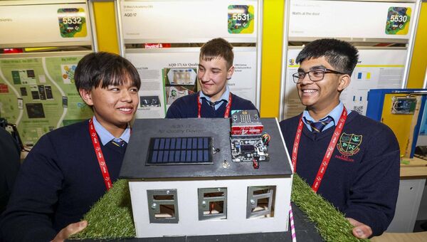 Pictured are students Irshad Hanafi, Emil Jaskula and Siddharth Sharma from St Mary's Academy CBS in Carlow, with their project, 'AQD 17'. Photo credit: Fennell Photography