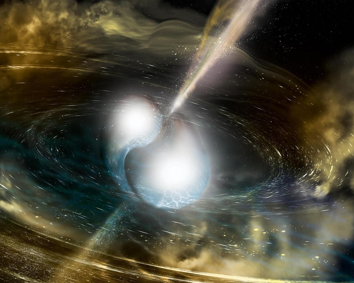In this artist's illustration of two merging neutron stars, the narrow beams represent a gamma-ray burst while the rippling spacetime grid indicates the gravitational waves from the merger.