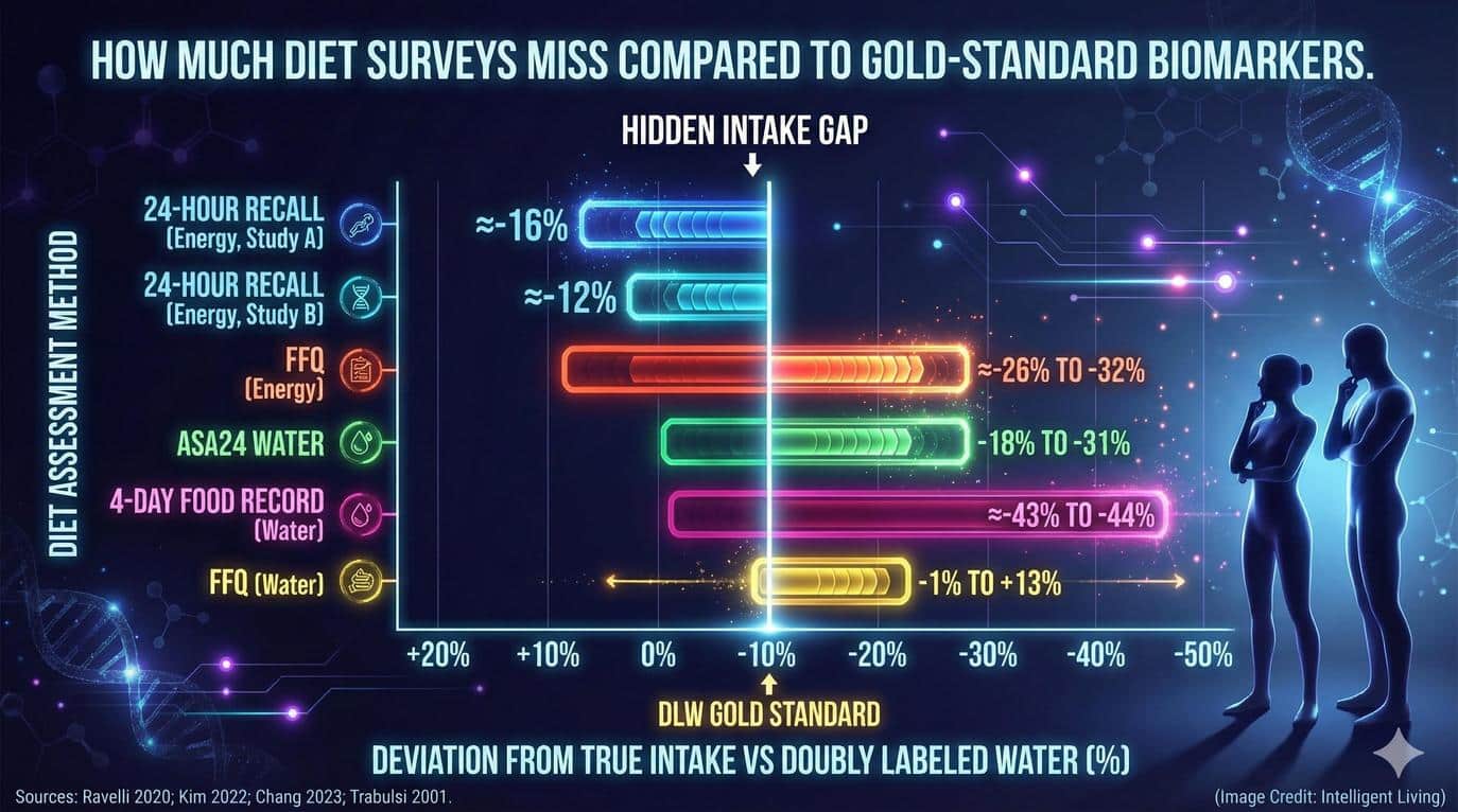 Peer-reviewed studies investigating self-reported energy intake reveal that participants frequently underestimate caloric consumption, leading to skewed energy balance conclusions.