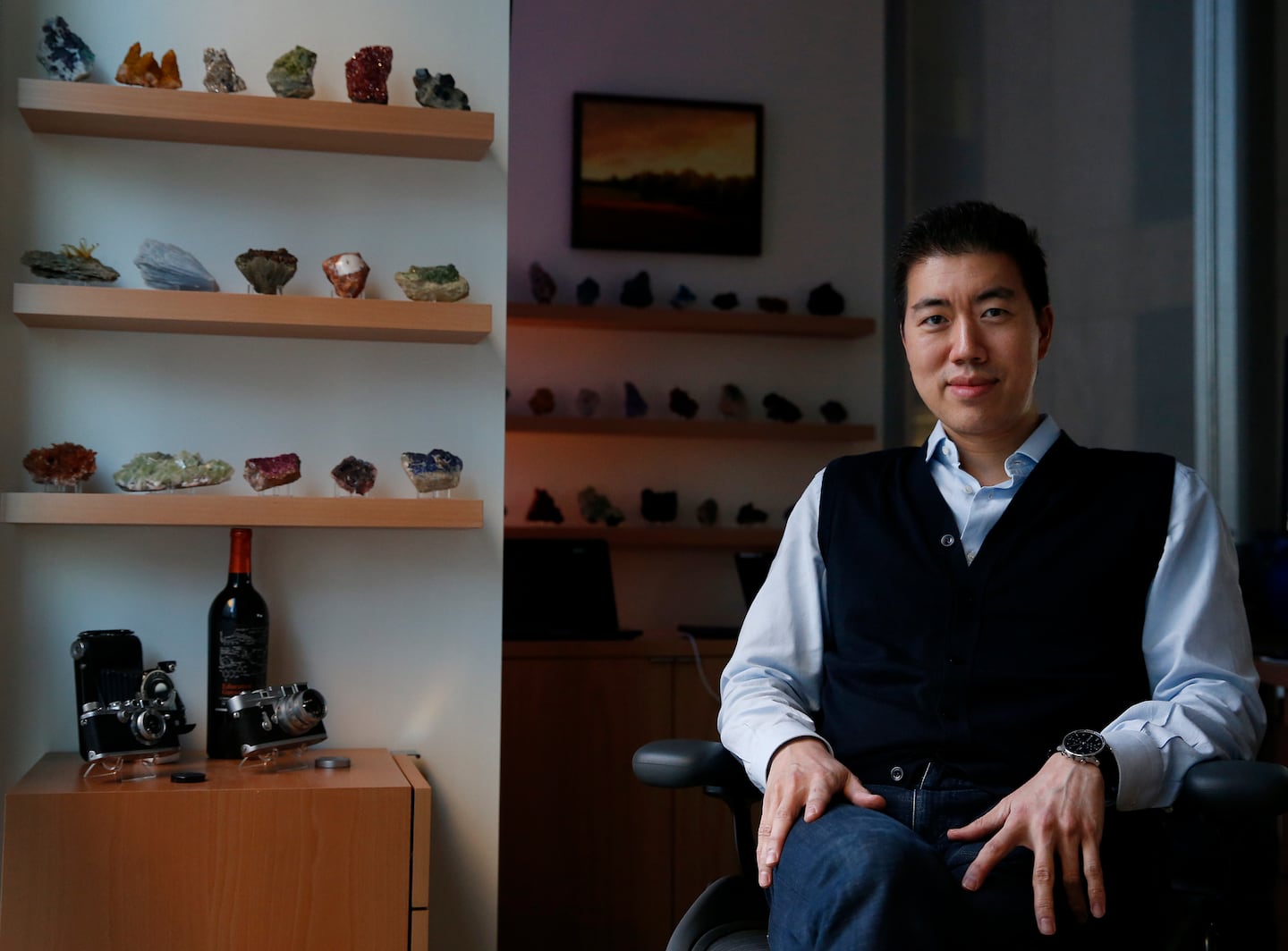 David Liu inside his office at the Broad Institute in Cambridge in 2020.