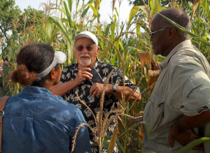 Pedro Sanchez stands in a corn field in Ghana while speaking to government agriculture officials.