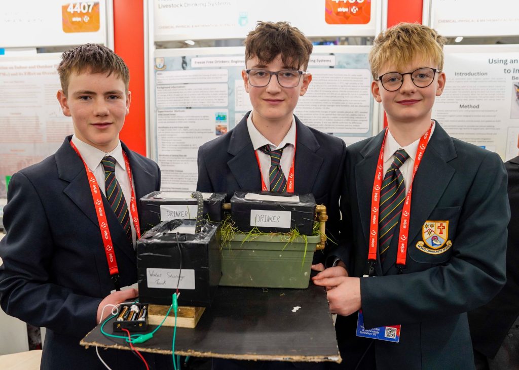 Students Denis Murray, Tom O'Connell and Conor Fox from Moate Community School, Co. Westmeath, with their freeze-resistant drinker prototype. Source: Fennell Photography