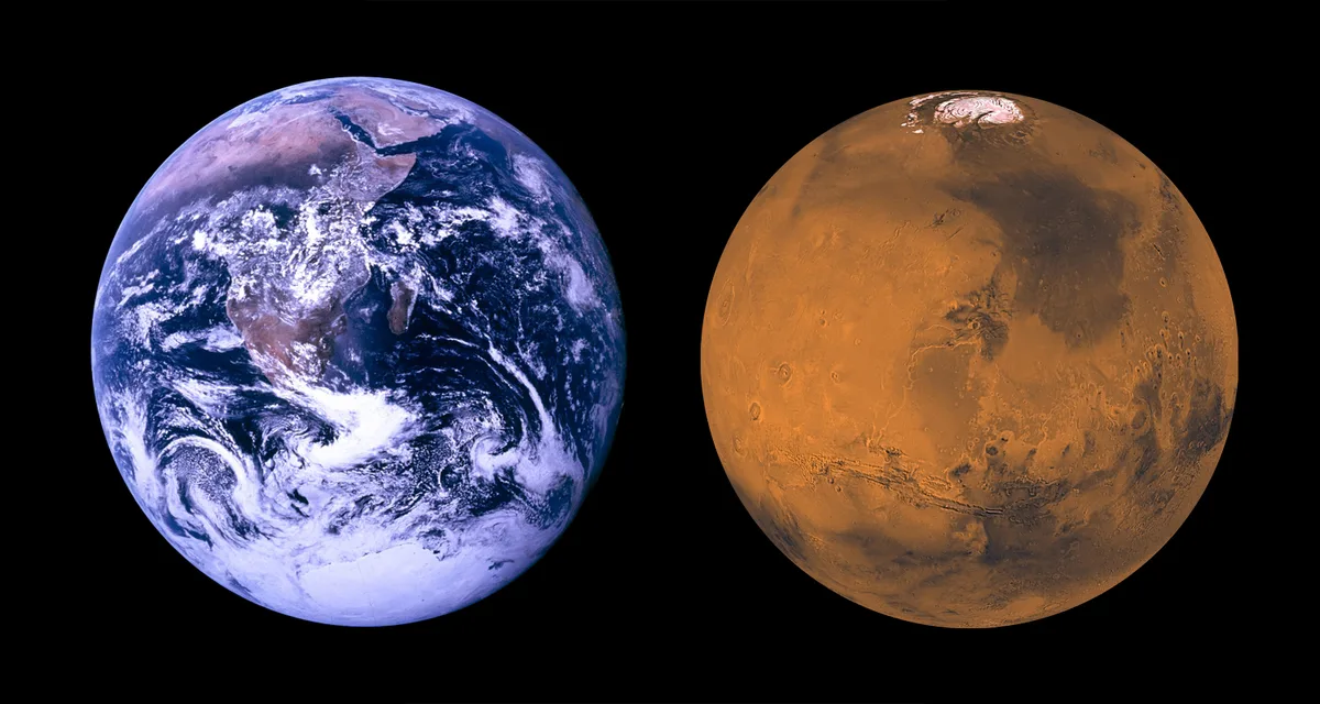 Mars vs Earth. Could we ever hope to make the Red Planet liveable? Planets not shown to scale. Credit – Earth: NASA/Goddard Space Flight Center. Mars: NASA/JPL/USGS