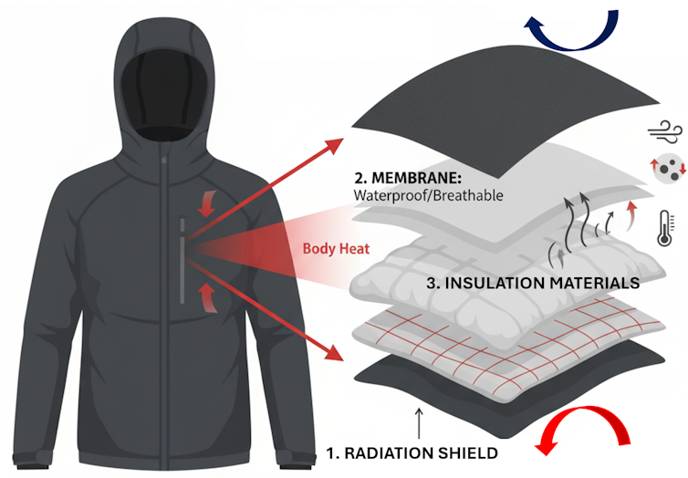 a diagram showing a jacket, with a zoomed in window showing a variety of fabric layers.