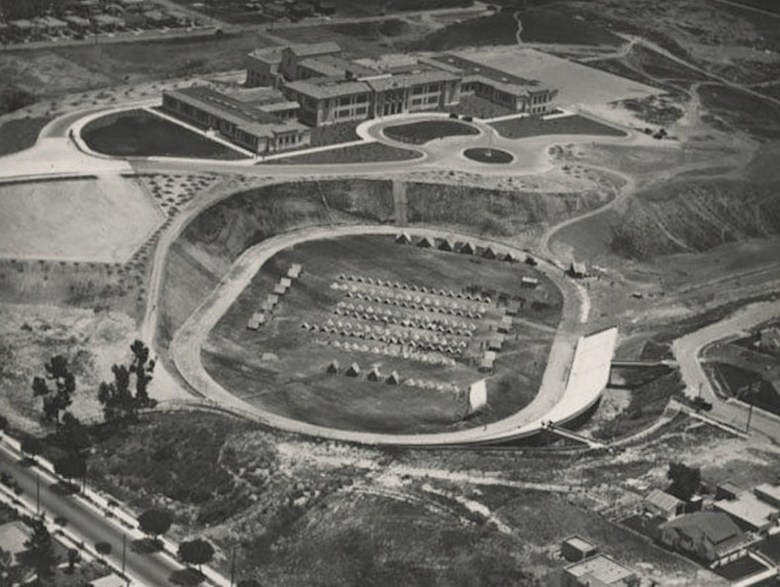 A contingent of U.S. Marines set up camp on the field of Santa Barbara High’s Peabody Stadium, constructed just a few months earlier, while deployed to the city after the June 29, 1925, earthquake that leveled much of downtown.
