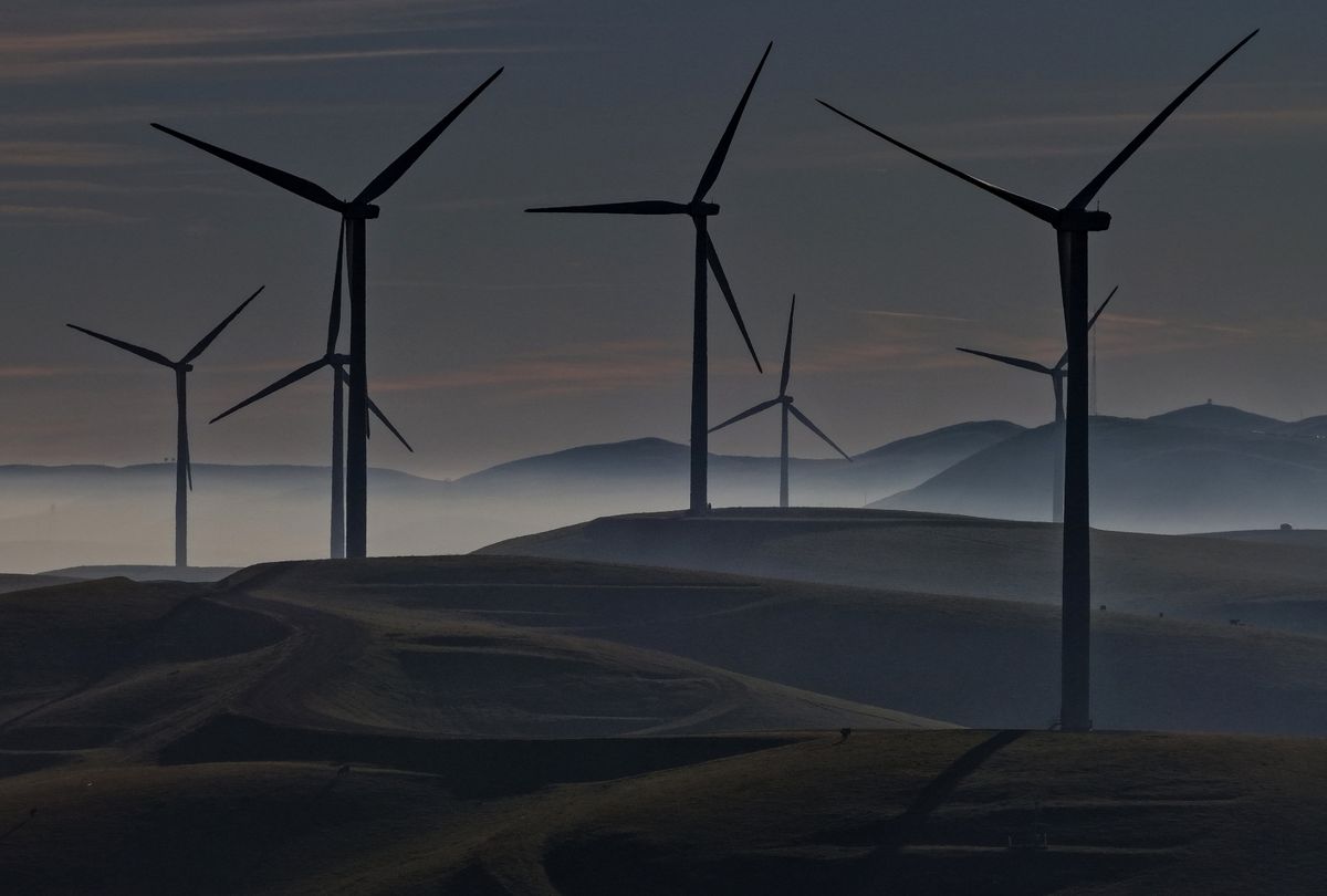 An aerial view of wind turbines at the Altamont Pass wind farm on January 13, 2026 in Livermore, California