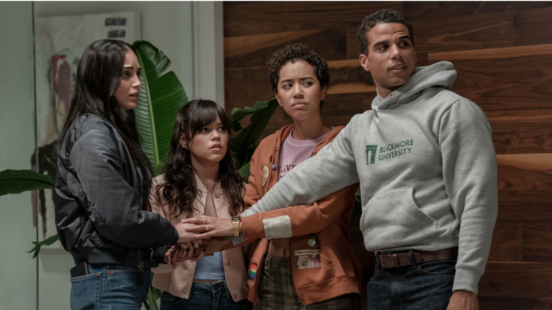 Melissa Barrera as Sam Carpenter, Jenna Ortega as Tara Carpenter, Jasmin Savoy Brown as Mindy Meeks-Martin, and Mason Gooding as Chad Meeks-Martin in Scream VI