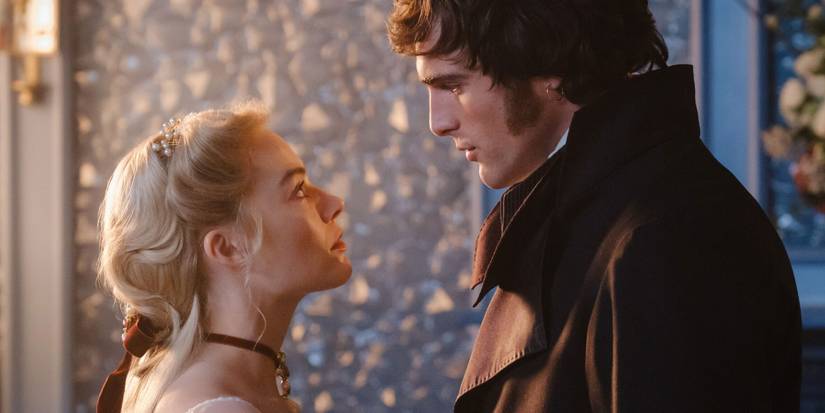 Catherine and Heathcliff look at each other in Wutheriing Heights (2026)