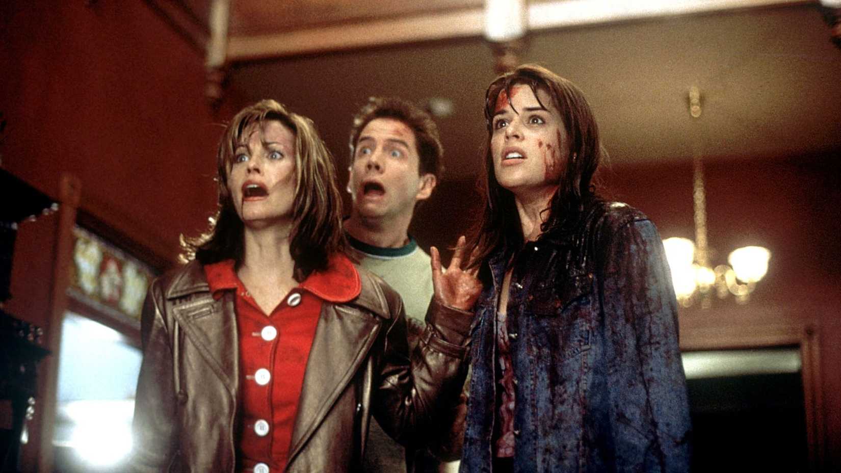 Courteney Cox, Jamie Kennedy, Neve Campbell as Gale, Randy, and Sidney in Scream
