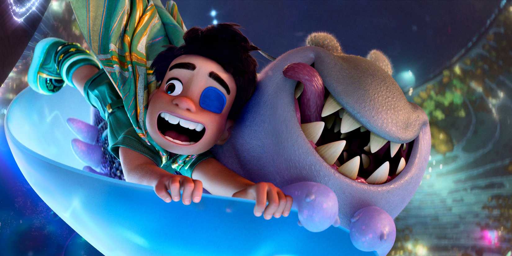 Elio and Glordon riding through the Communiverse with big grins in Elio