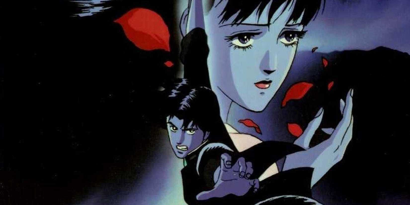 Poster crop depicting Kyoya in a battle pose while Sayaka behind looks at flower petals floating in her hand.