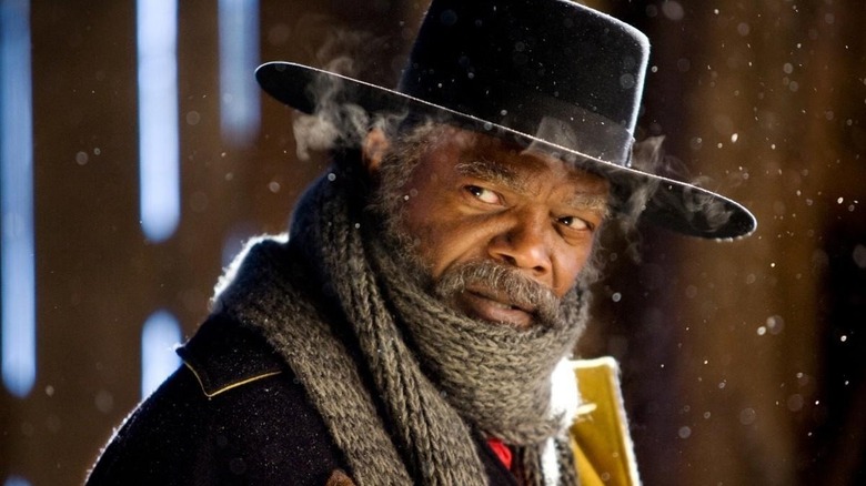 Samuel L. Jackson as Warren, sizing up the room in The Hateful Eight