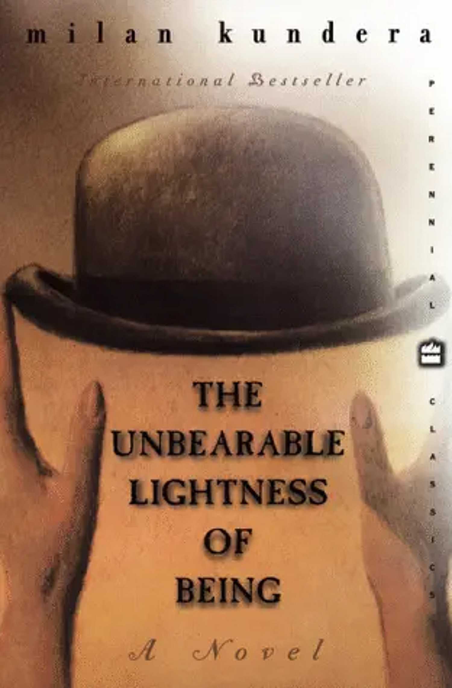 Unbearable Lightness of Being book cover, hands holding a bowler hat