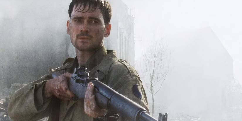 Upham pointing his gun at German soldiers in Saving Private Ryan (1998)