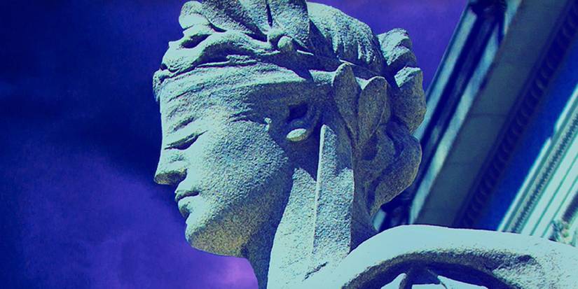 While Justice Sleeps book cover shows the lady of justice statue