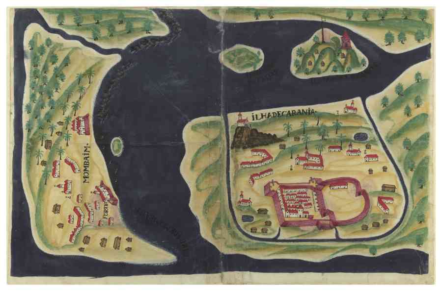 A Depiction of Bombay and the Adjacent Island of Karanja, Now Known as Uran Year of creation: 1635 | Creator: António Bocarro | Place of creation: Unknown | Dimensions: Unknown | Medium: Hand-drawn, watercolour on paper | Language/Script: Portuguese | Source: Acc. No. BPE COD. CXV/2-1; National Library of Portugal