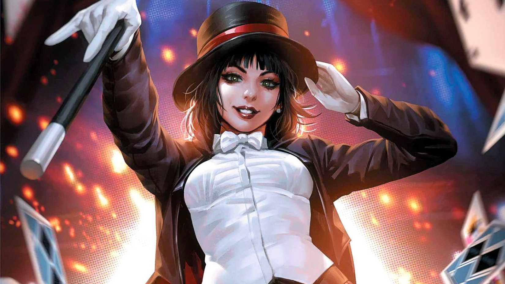 Zatanna Zatara waves her wand and holds her hat in DC Comics art