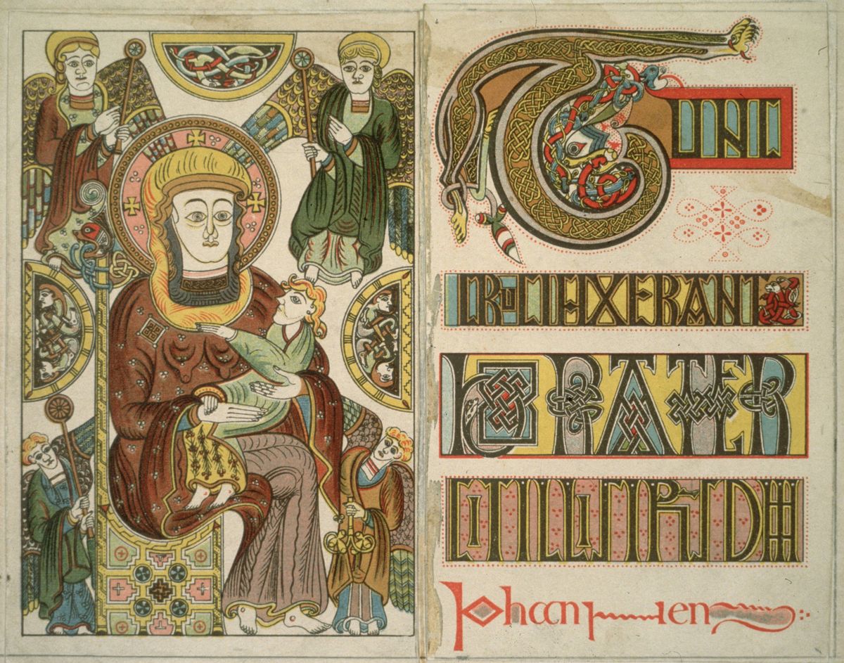 Circa 800 AD, A manuscript from the illuminated gospel known as the Book of Kells, thought to have been created by Irish monks from the scriptorium of the monastery on the Scottish island of Iona between the 7th and 9th centuries AD. The tome now the most precious manu (Photo by Hulton Archive/Getty Images)