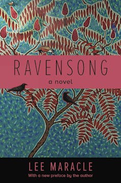 Book cover with the title Ravensong showing images of birds in branches.