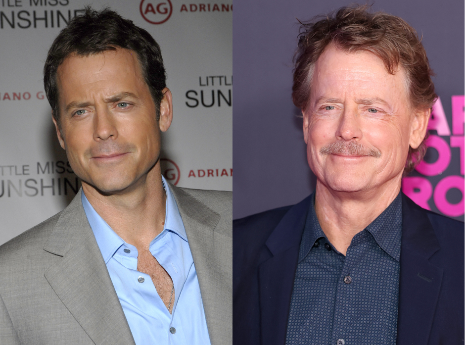 Split image of Greg Kinnear. Shown on the left in 2006 wearing a grey suit and a blue shirt open at the neck looking to the left of the image. On the right, shown in 2026 with longer hair and a moustache, wearing a dark blue jacket and blue checked shirt.