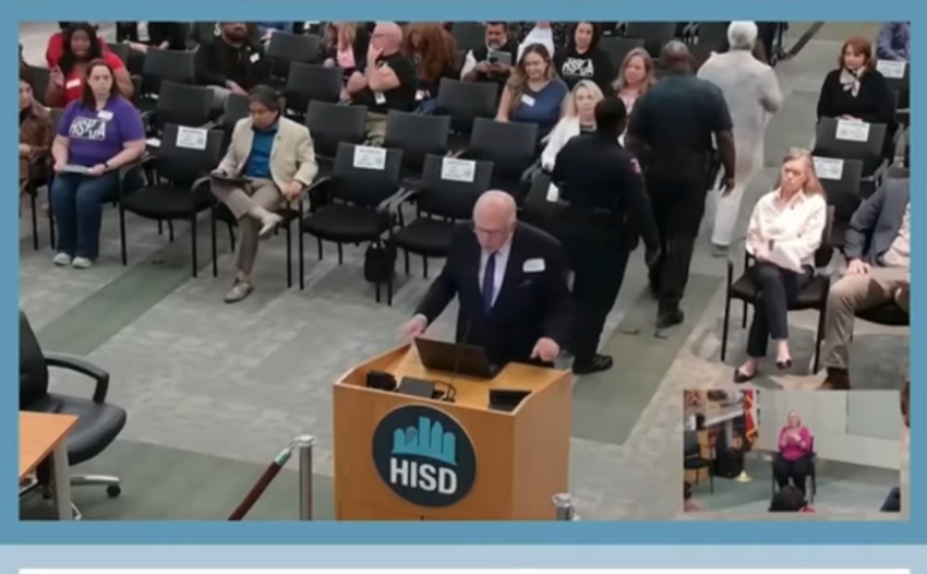 Pastor Rick Scarborough addresses the Houston ISD board at a March 19, 2026, meeting.