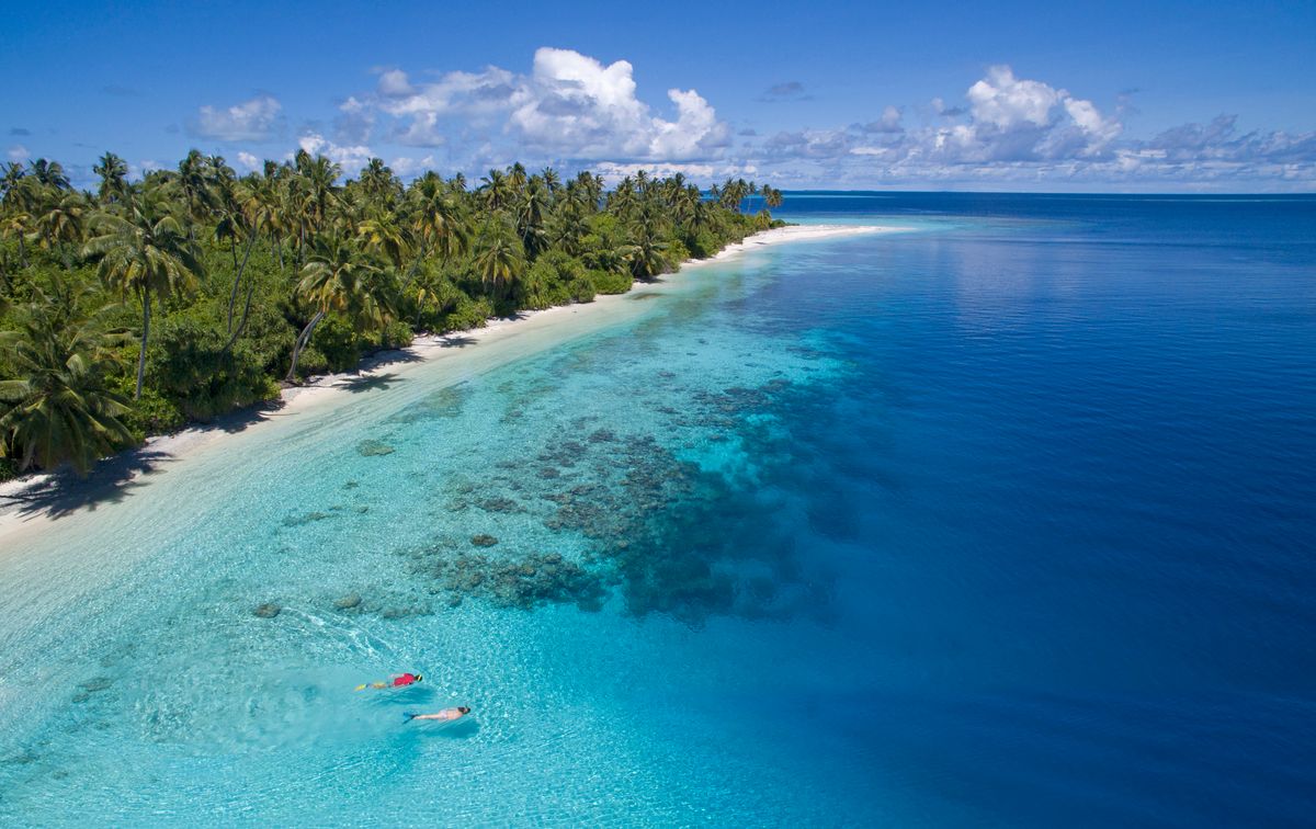 Couple snorkelling off tropical island - stock photo