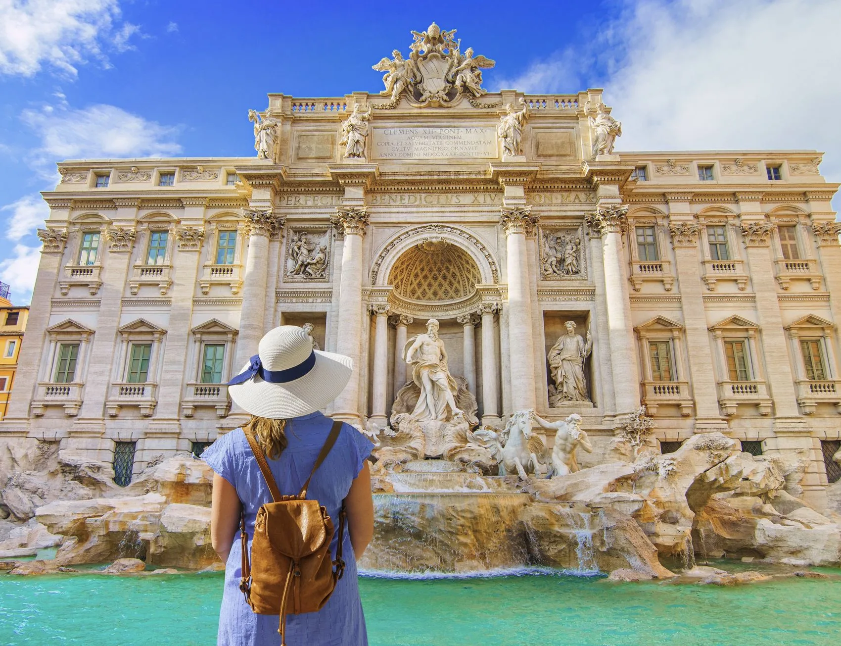 Famous landmark fountain di Trevi in Rome, Italy during summer sunny day